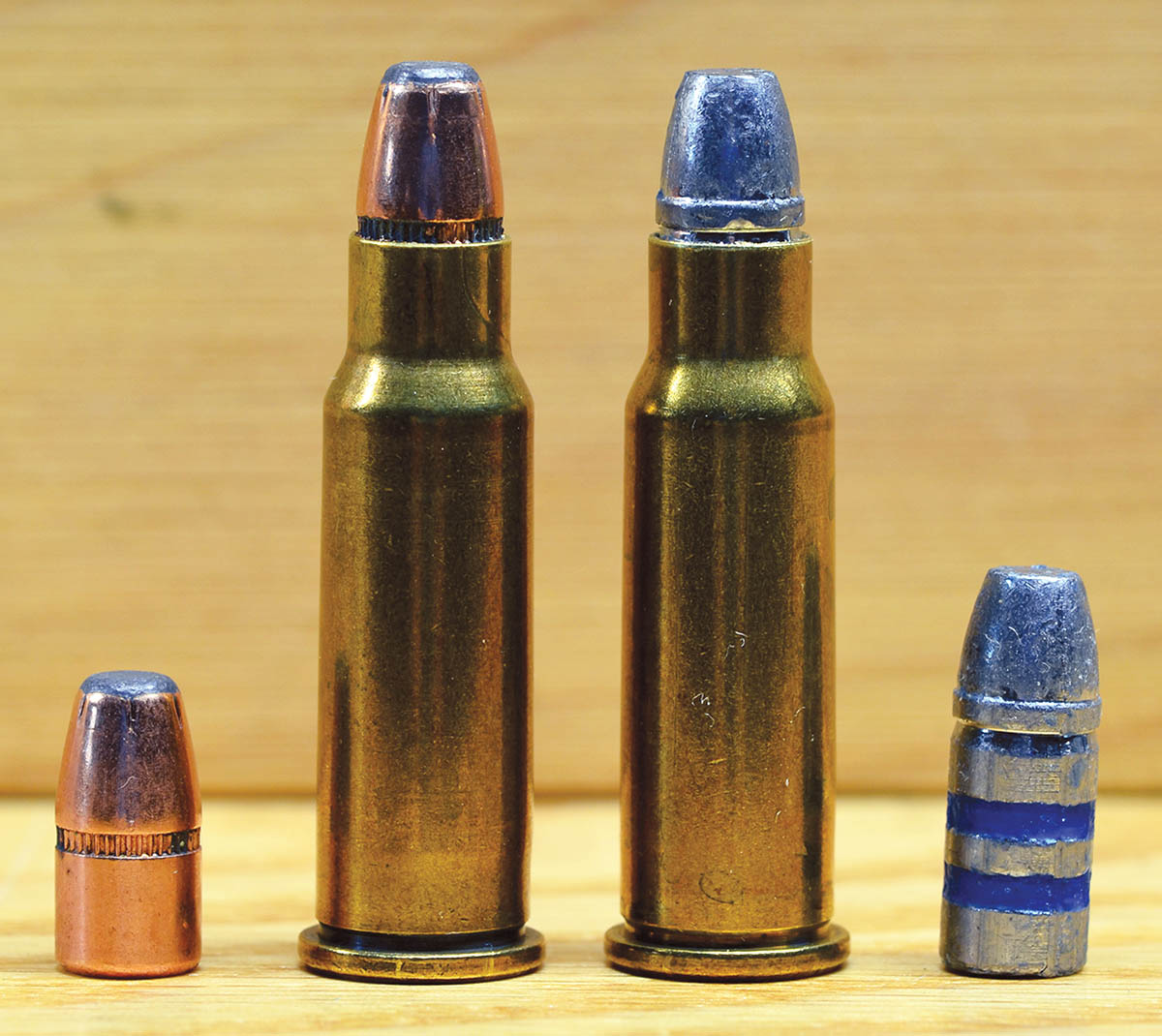 The 60-grain Hornady FP jacketed bullet (left) and 85-grain cast bullet (right) allow proper overall cartridge length and work beautifully in the Marlin.